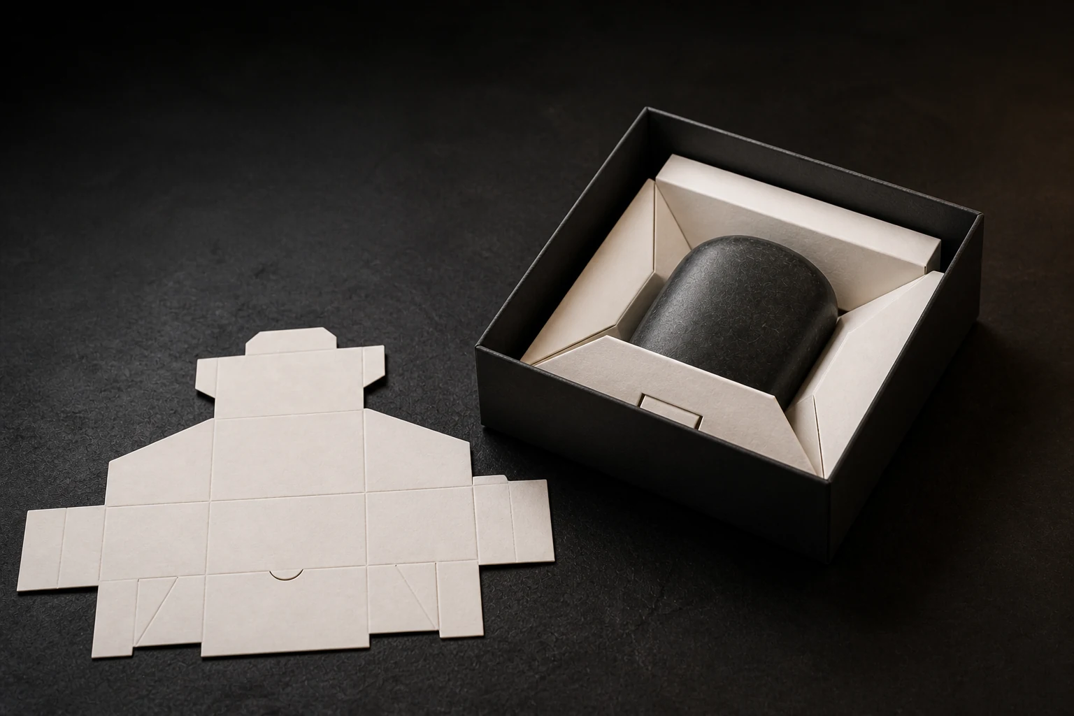Illustrative engineered paperboard insert assembled around an abstract mineral form beside its flat structural panel