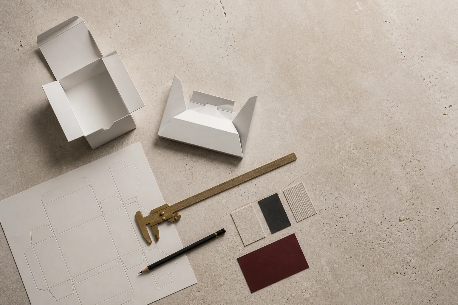 Overhead illustrative study of white carton prototypes, a blank dieline, caliper, pencil and paper swatches